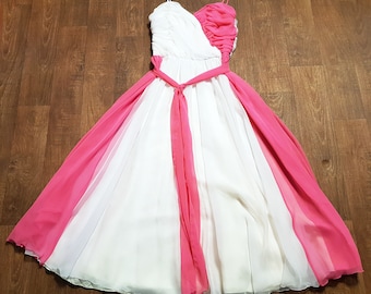1970s John Charles Chiffon Prom Dress: Pink & White, UK Size 8/10