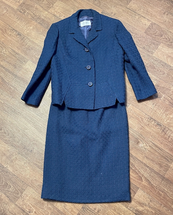 Vintage Skirt Suit 1980s Vintage Navy Textured Wool Suit 