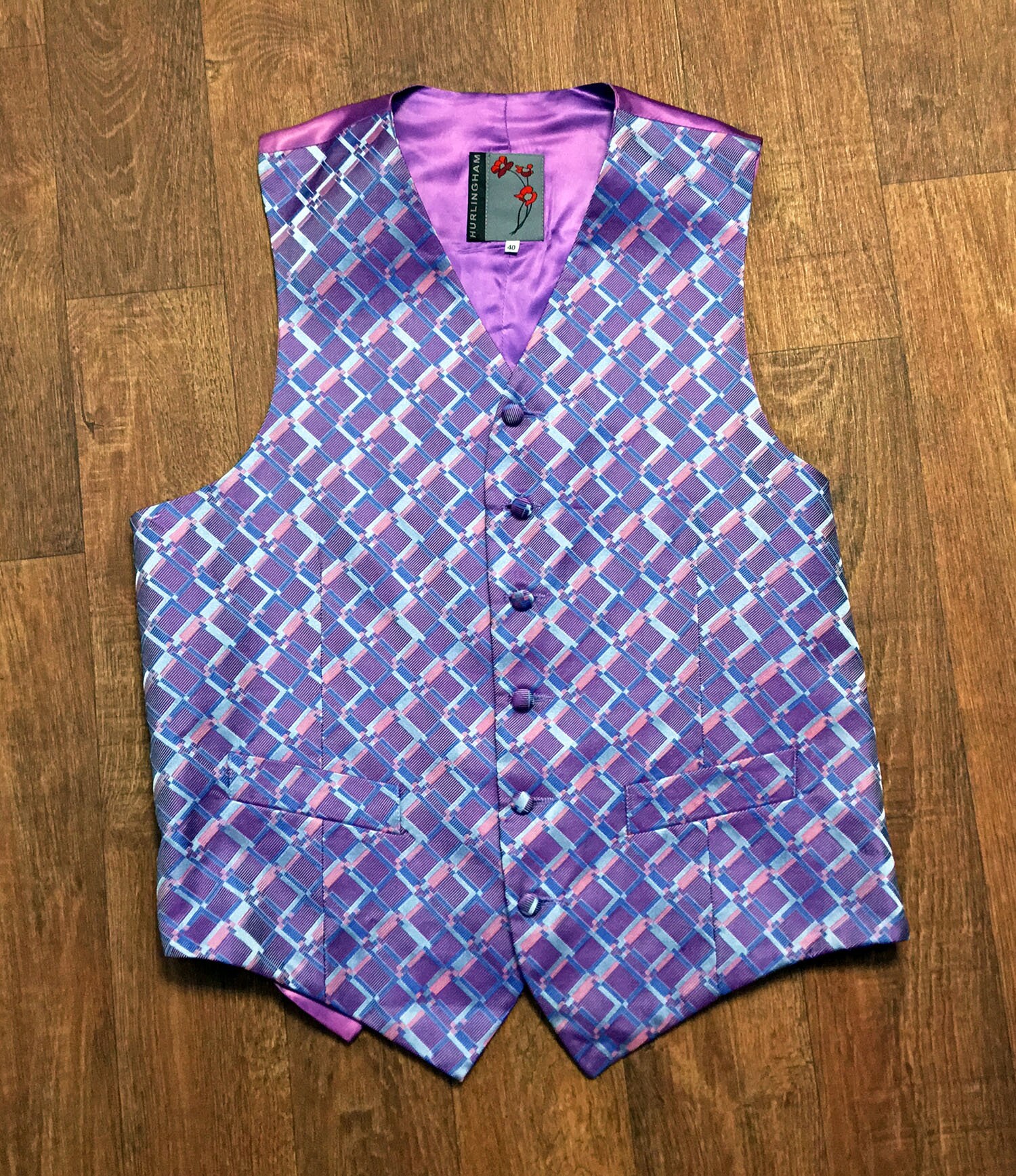 Image of Mens Vintage Waistcoat, 1980S Purple Geometric Pattern Waistcoat Uk Size Small Clothing, Clothing