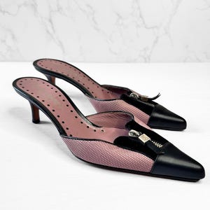 Y2K YSL Rive Gauche Mule Heels | Black and Pink Leather | uk3/eu36 | Designer Vintage | Fashion History | FREE Delivery