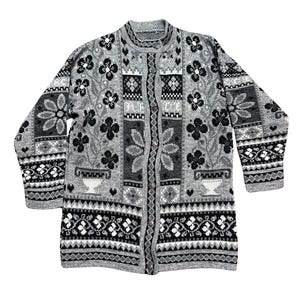 1980s Oversized Grey Cardigan | Chunky Knit | Floral Geometric | One Size | Vintage Cardigan | Vintage Fashion