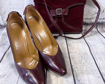 Designer Vintage Charles Jourdan Burgundy Heels & Matching Bag, Designer Shoes, Designer Handbag, Vintage Style