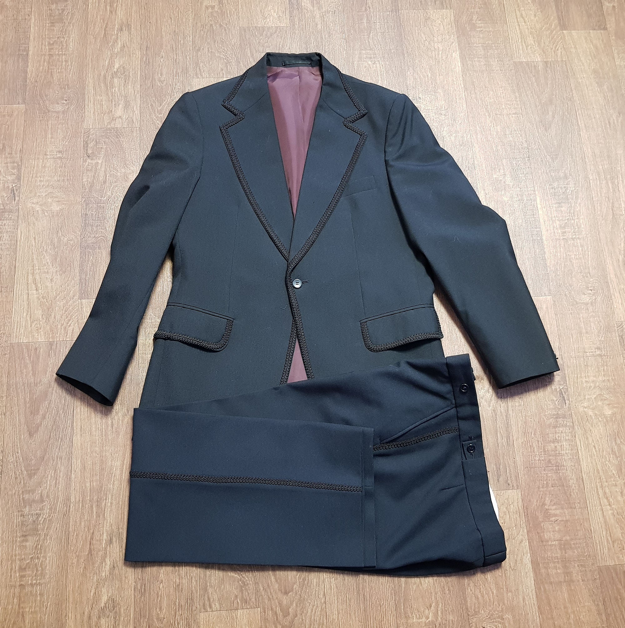 Image of Mens Vintage Suit | 1970S Black Braided Medium 38/32W/30L Clothing