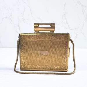 Borsa da viaggio vintage Kigu / Borsa da festa anni '30/'40 con specchio per rossetto e scomparto per sigarette / Classico accessorio da toeletta dorato