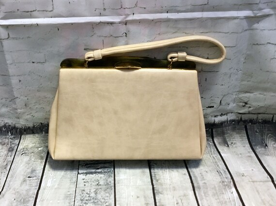 Original 1960s Vintage Cream Leather Boxy Handbag