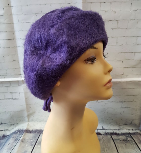40s Vintage Hat | 1940s Vintage Purple Fuzzy Beret