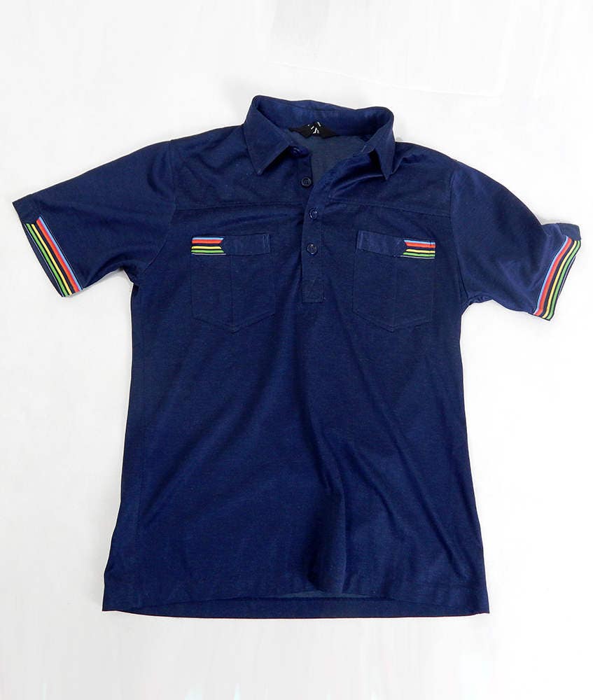 Image of Vintage Mens Polo Shirt | Navy Blue Rainbow Stripe Detail Size Small, Clothing, Menswear