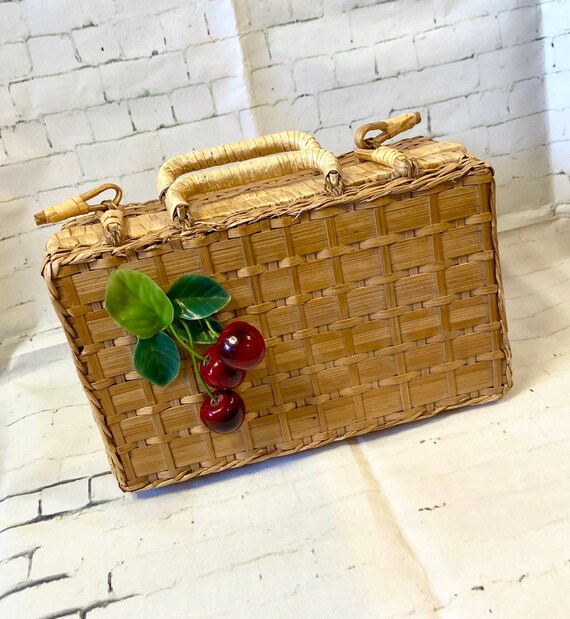 1950s Vintage Wicker Basket Cherry Bag, Basket Bag