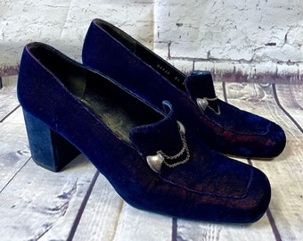 Vintage Karl Lagerfeld Blue Velvet Loafers na obcasie – buty designerskie z lat 90. UK7/EUR40