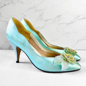 Vintage Shoes | 1980s Vintage Aqua Satin Corsage Heels UK 5.5|Eur 38.5 | Vintage Heels, Fashion History, Vintage Style