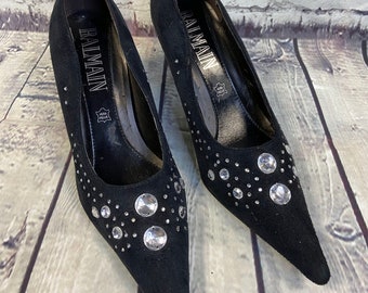 Zapatos vintage de diseñador / Stilettos vintage Balmain de terciopelo negro: Tacones con pedrería de los años 80, talla 5 UK / 38 EU