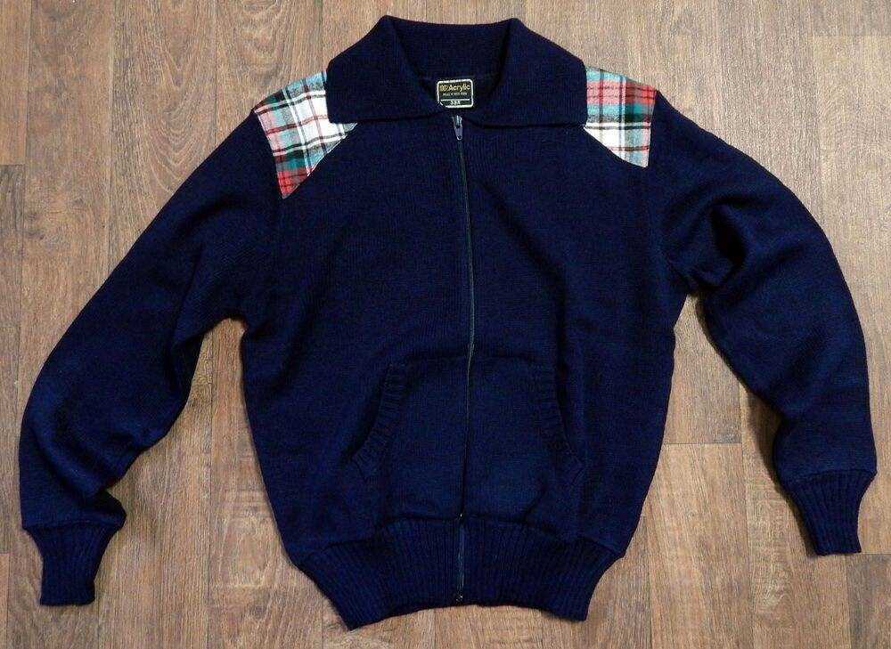 Image of Mens 1970S Deadstock Navy Cardigan With Tartan Patches Size Small, Mod, Retro, Vintage Clothing, Menswear