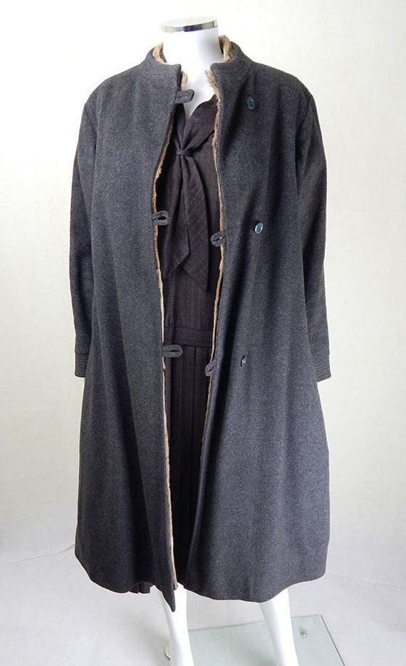 Original 1940s Vintage Grey Wool Fur Lined Overcoa