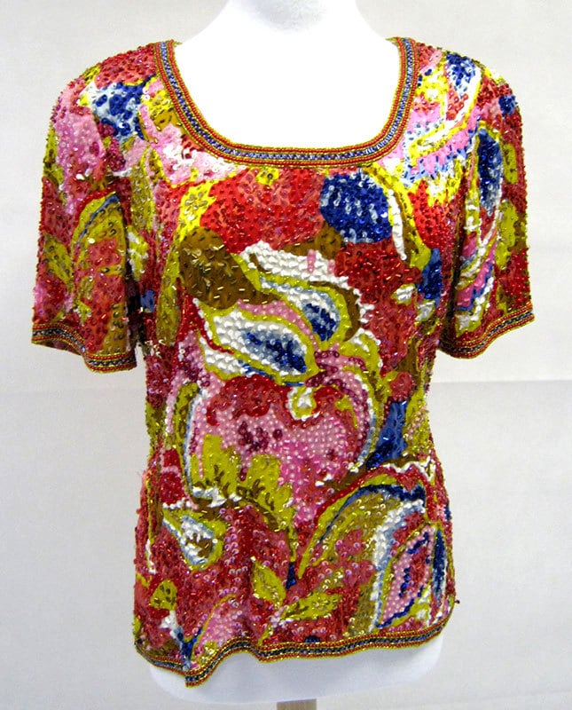 Image of Vintage Evening Sequin Top, Original S Designer Oleg Cassini Bright Top Uk Size / Clothing