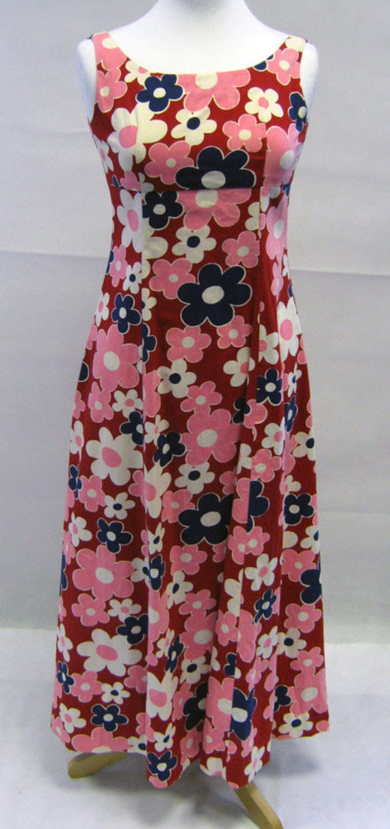 Vintage 1960s, Pink, Red & Blue Flower Power Maxi