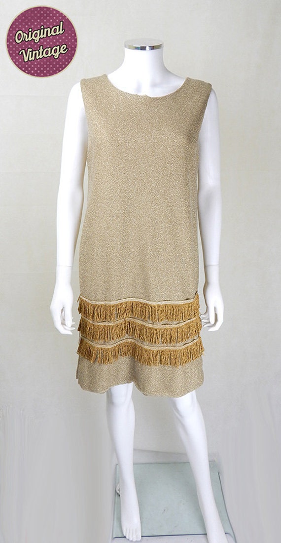 1960s Vintage Metallic Gold Fringed Shift Dress UK
