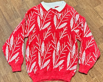 Vintage Sweater | 1980s Vintage Red Pattern Collared Jumper Size 16/18, 80s Knitwear, 80s Jumper, 80s Sweater, Vintage Jumper