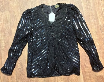 Vintage Sequin Top | Original Vintage 1980s Gina Bacconi Black Silk Sequin Evening Top UK 10/12 Vintage Clothing, Designer Vintage