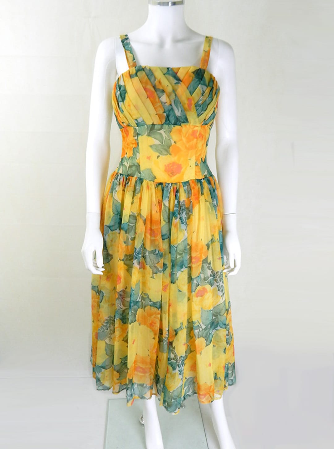 50s Vintage Dress 1950s Vintage Yellow Floral Chiffon Prom Dress UK