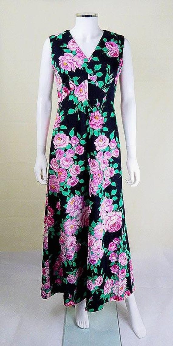 1970s Floral Maxi Dress | Vintage Pink & Green Print, UK Size 12