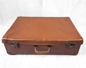 Maleta vintage / Maleta vintage Pioneer: Maleta de los años 50 con ribete de cuero color canela