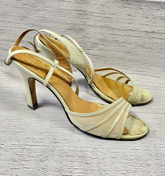 1970s Vintage Terry de Havilland Cream Strappy Shoes … - Gem