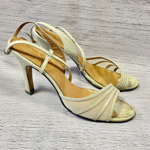 1970s Vintage Terry de Havilland Cream Strappy Shoes UK 7/EU 40 Designer Shoes, Terry De Havilland Shoes