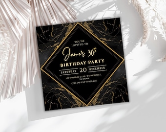 Invitación de cumpleaños en negro y dorado / Invitación elegante para fiesta de cumpleaños / Invitación editable para cumpleaños de adultos / Invitación moderna con mármol dorado