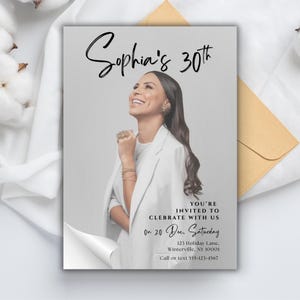 May include: A birthday invitation featuring a woman in a white blazer. The invitation reads "Sophia's 30th" in elegant script. Additional text includes "You're invited to celebrate with us" and event details.