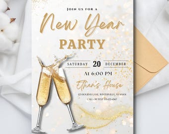 Könnte beinhalten: Einladung zur Neujahrsparty mit goldenem Text und Akzenten. Die Einladung zeigt zwei Sektgläser, die anstoßen, mit herausspritzendem Sekt. Der Text lautet "Join us for a New Year Party" und enthält Datum, Uhrzeit und Ort.