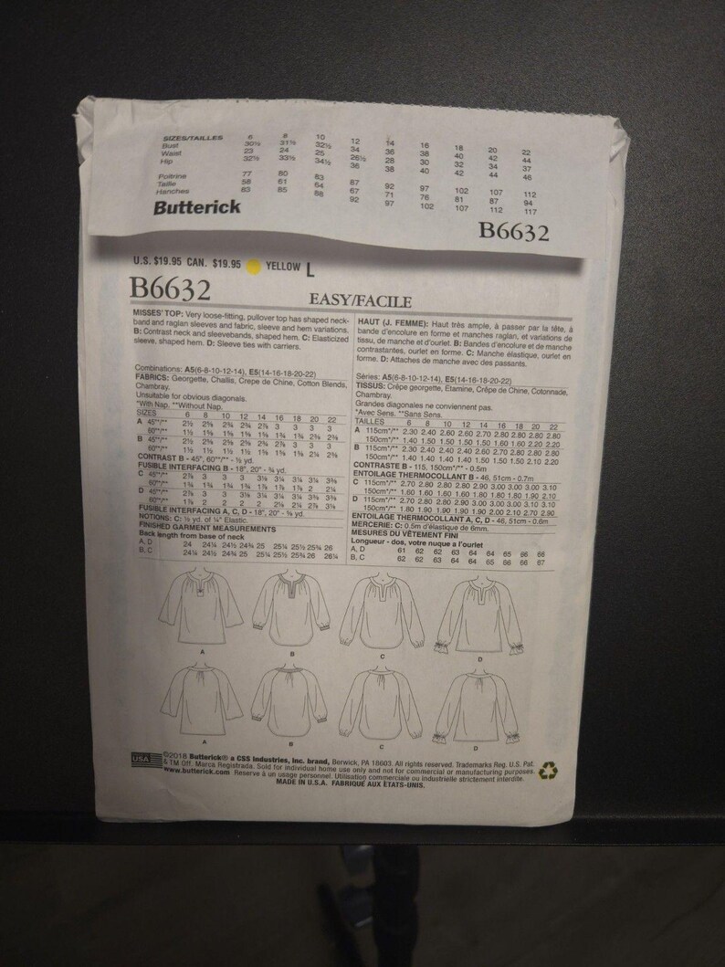 Butterick B6632 Sewing Pattern Misses Very Loose-fit Pullover Top 4 ...