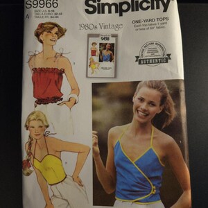 May include: Simplicity 1980s vintage sewing pattern for one-yard tops. The pattern features illustrations of various top designs, including a red, yellow, and blue top. The package includes the text "S9966" and "9438". Designed and printed in the USA.
