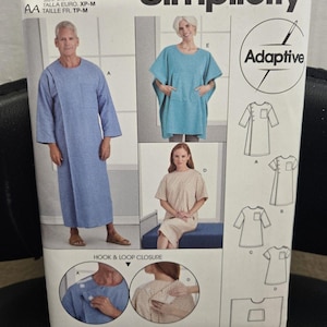 May include: Simplicity sewing pattern S9490 for adaptive clothing in sizes XS-M. The envelope features illustrations and photographs of garments with hook and loop closures, including a long-sleeved gown, a short-sleeved top, and a poncho-style garment.