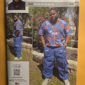 May include: A sewing pattern package featuring a man modeling a blue floral shirt and matching cargo pants. The package includes the text "knowME" and size information. The package also includes a QR code and the text "SINS OF MANY".