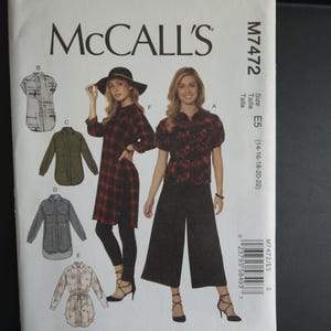 McCall&#39;s M7472 Size 6-14 Button Up Shirt Tunic Dress Sewing Pattern UNCUT