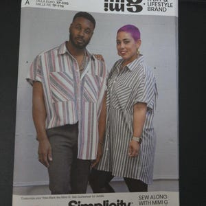 May include: A Simplicity sewing pattern featuring two people wearing striped shirts. The pattern includes sizes XS-XXL. The brand is "miG" and is a DIY & Lifestyle brand. The pattern is designed and printed in the USA.