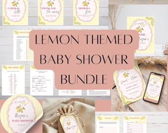 Lemon themed &#39;we can&#39;t wait to squeeze you&#39; baby shower / gender reveal customisable stationary bundle