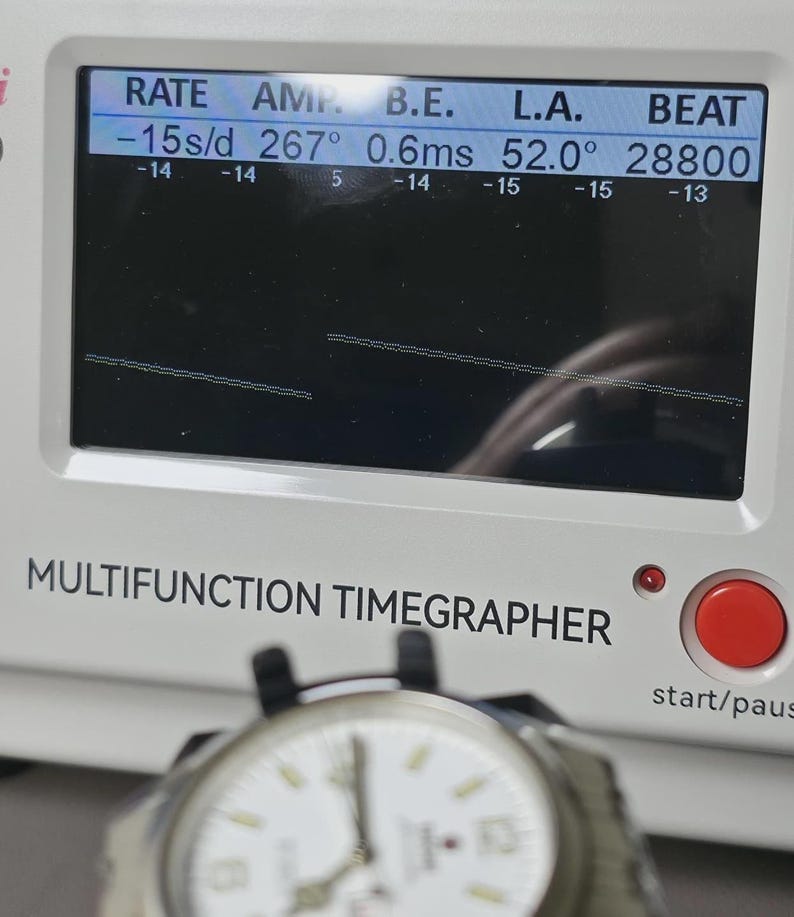 May include: A white-faced wristwatch is positioned in front of a multifunction timegrapher. The timegrapher displays readings for RATE, AMP, B.E., L.A., and BEAT. A red start/pause button is visible on the timegrapher.