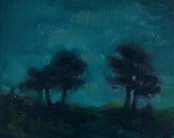 Landscape painting original fine art 'Nocturne No. 5' British artist Sheri Gee framed oil painting nighttime painting small blue painting