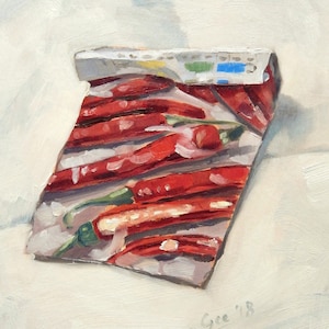 Original oil painting, &#39;Chilli&#39;, by British artist Sheri Gee, chilli seed packet still life painting, garden lover art, kitchent painting