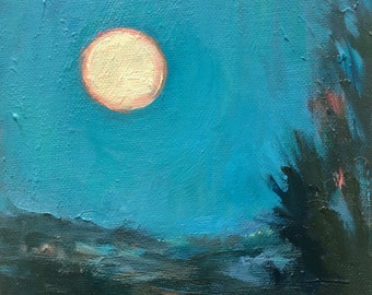 Original painting, 'Moonlight over Eastcourt', landscape, nocturne, living room art, nighttime painting, small oil moon painting