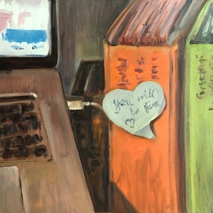 Original oil painting, 'Note to self' by British artist Sheri Gee, still life painting of desk, laptop and self care stick note image 1