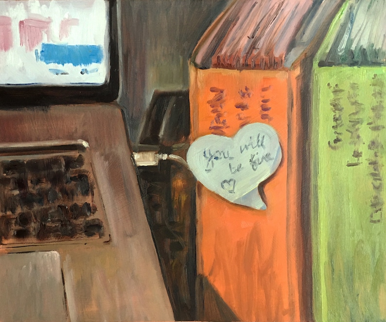 Original oil painting, 'Note to self' by British artist Sheri Gee, still life painting of desk, laptop and self care stick note image 1