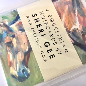 May include: A set of 4 equestrian notecards by Sheri Gee. The cards feature abstract paintings of horses in shades of brown, orange, blue, and green. The text on the cards reads "4 Equestrian Notecards by Sheri Gee" and "www.sherigee.com".
