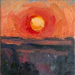 Small landscape painting original fine art oil painting &#39;Sunset Over the Distant Fields&#39; by British artist Sheri Gee sunset painting