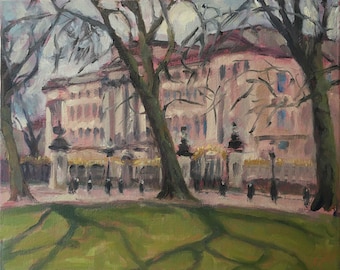 May include: A painting of a large building with a pink facade, seen through the branches of bare trees. The building has many windows and a row of people walking in front of it. The foreground is a green grassy area with shadows from the trees.