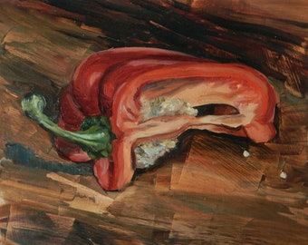 Original oil painting, 'Red Pepper' by British artist Sheri Gee, still life food painting of red pepper on a wooden board, kitchen art