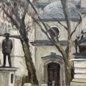 May include: An oil painting depicts a city scene with a building and statues. Bare trees frame the building, which has a domed roof and arched doorway. Statues stand on pedestals in the foreground, and the color palette is muted with shades of gray and beige.