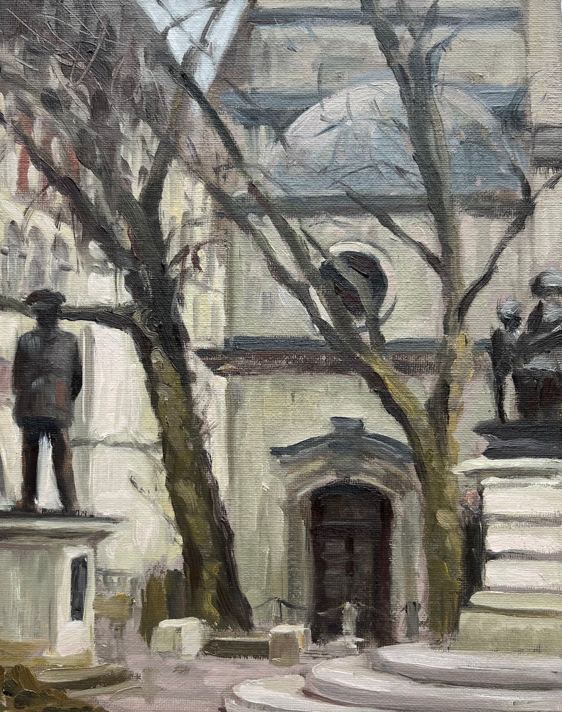 May include: An oil painting depicts a city scene with a building and statues. Bare trees frame the building, which has a domed roof and arched doorway. Statues stand on pedestals in the foreground, and the color palette is muted with shades of gray and beige.