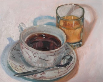 Original oil painting, 'Coffee and OJ' by British artist Sheri Gee, still life painting of vintage china cup with coffee and orange juice